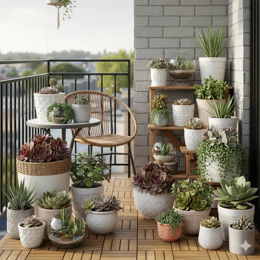 Balcony arrangement with various succulents in decorative containers
